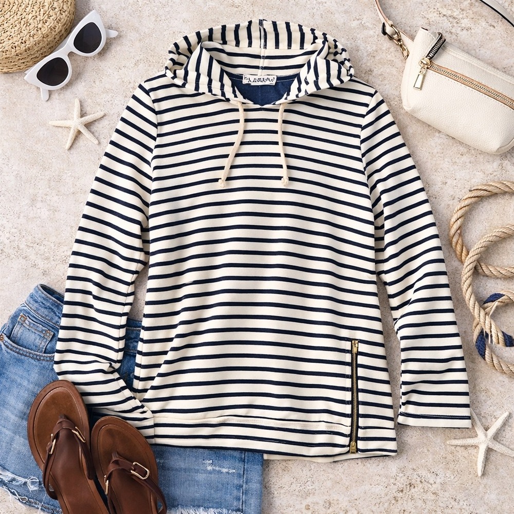 J.Crew Womens Navy‎ Blue White Striped Cotton Hoodie Side Zip Sweatshirt Small